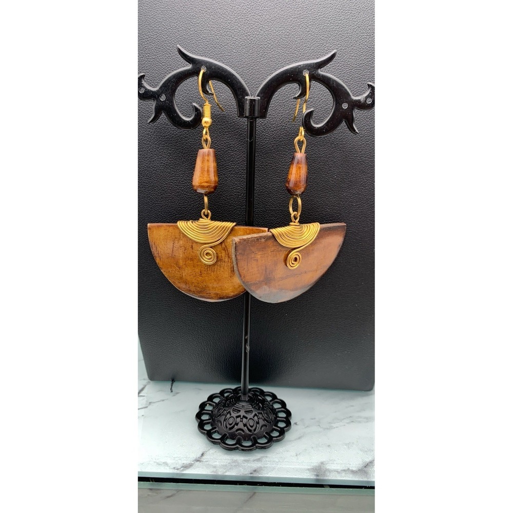 Beautiful Wood Wooden Boho Dangle Earrings With Gold Tone Swirl Accent